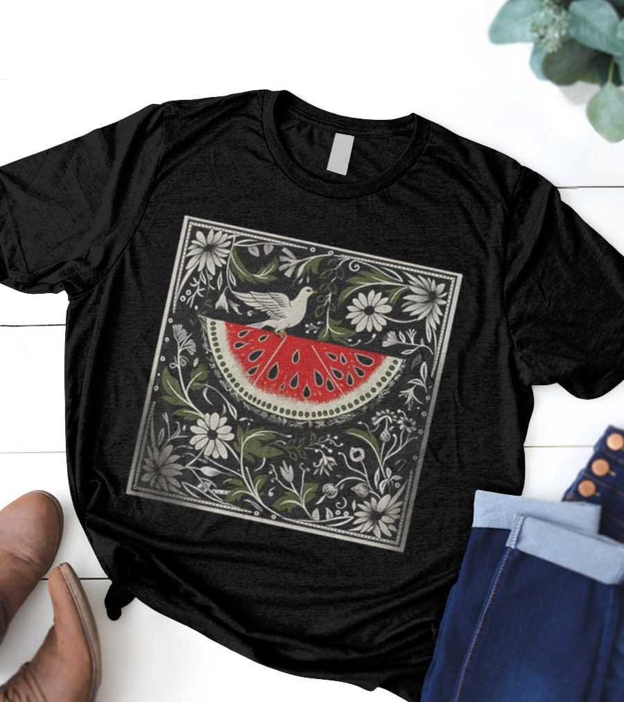 Watermelon Slice Dove Floral Pattern Palestine Solidarity T-Shirt