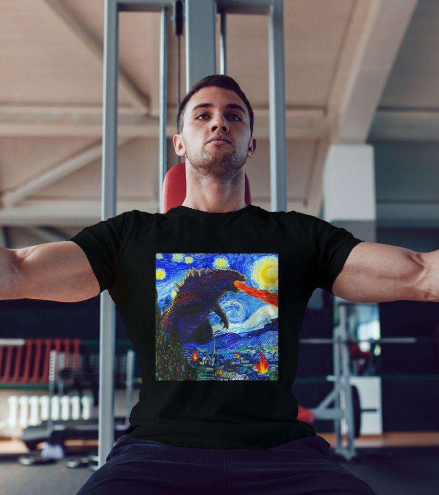 Godzilla Van Gogh Starry Night Mashup Scene T-Shirt