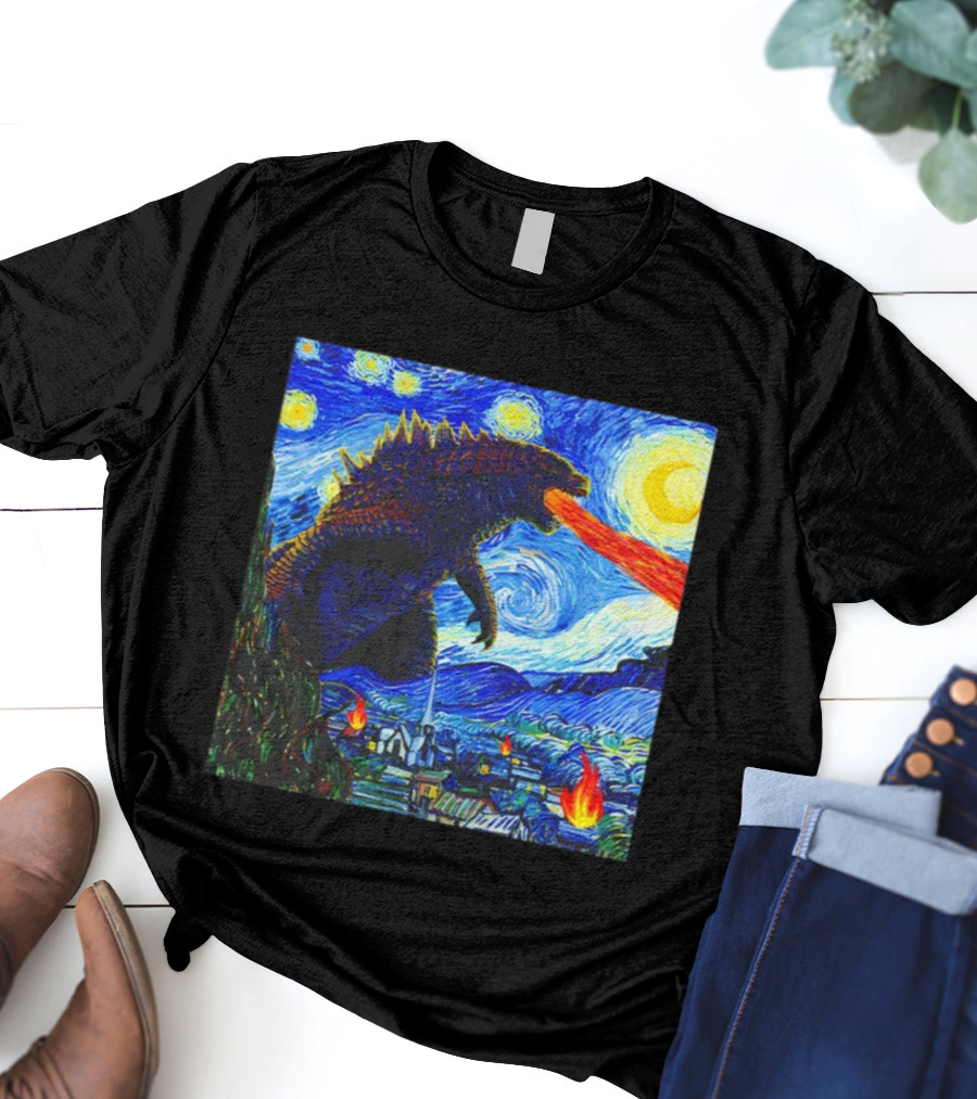 Godzilla Van Gogh Starry Night Mashup Scene T-Shirt