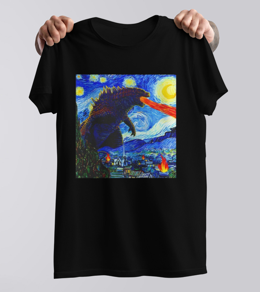 Godzilla Van Gogh Starry Night Mashup Scene T-Shirt