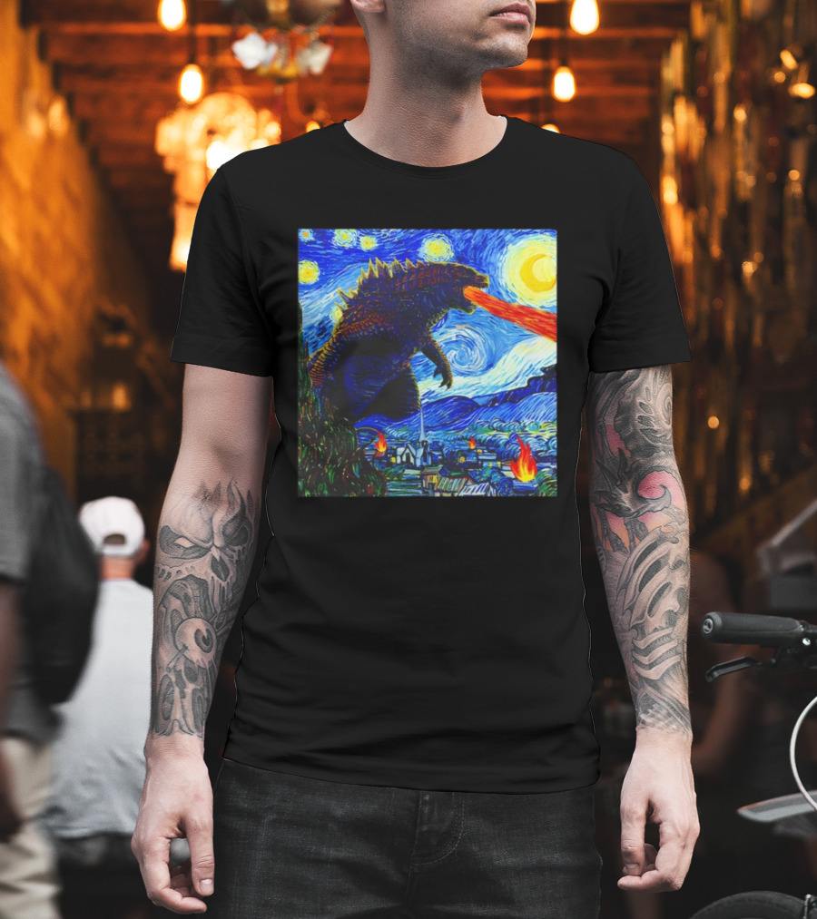 Godzilla Van Gogh Starry Night Mashup Scene T-Shirt
