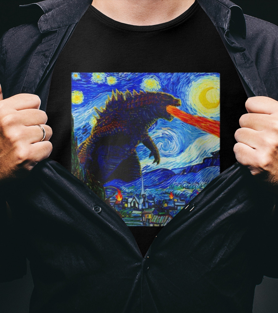 Godzilla Van Gogh Starry Night Mashup Scene T-Shirt