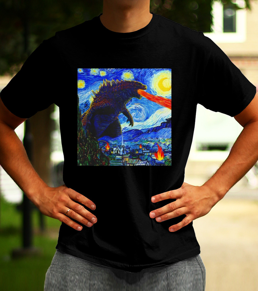 Godzilla Van Gogh Starry Night Mashup Scene T-Shirt