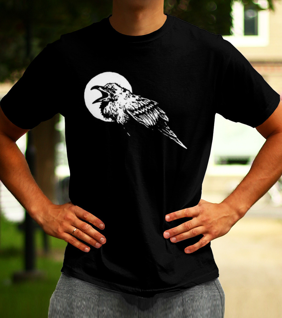 Raven Crow F Caw F Vintage Retro Bird Full Moon Silhouette In Flight T-Shirt