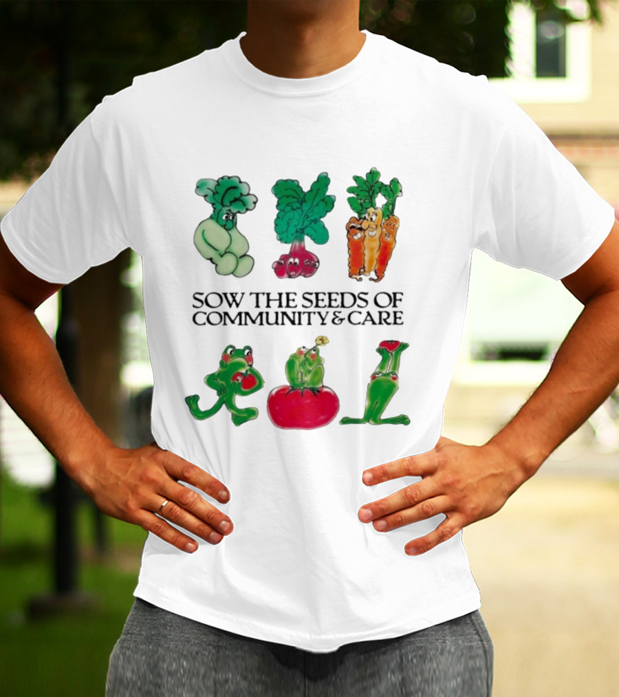 Sow The Seeds Of Community & Care With Playful Vegetable And Frog Characters T-Shirt
