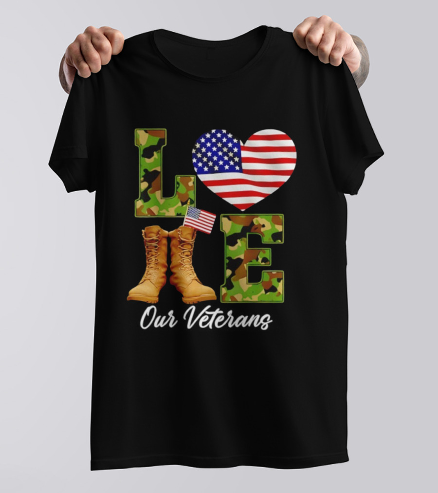 Love Veterans Day American Flag Military Camouflage Boots T-Shirt