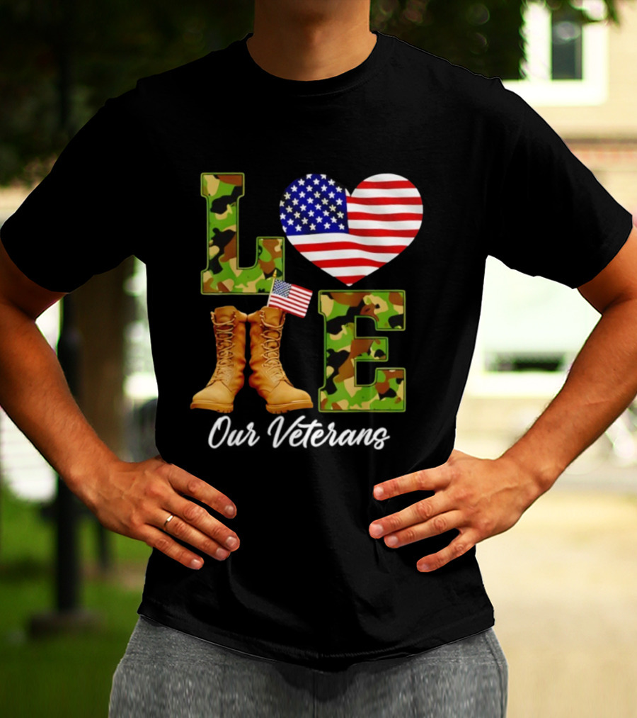 Love Veterans Day American Flag Military Camouflage Boots T-Shirt