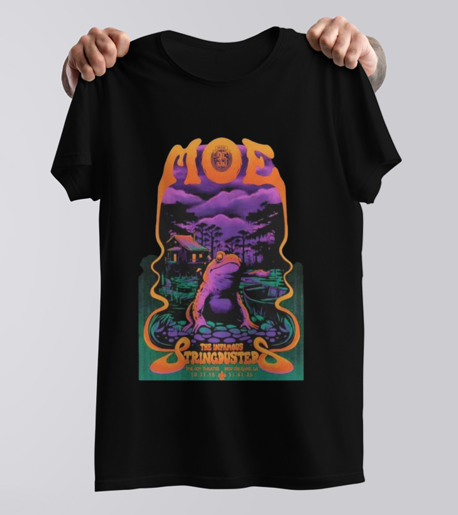 Moe. The Infamous Stringduster Halloween 2025 New Orleans Joy Theater Frog Swamp Scene T-Shirt