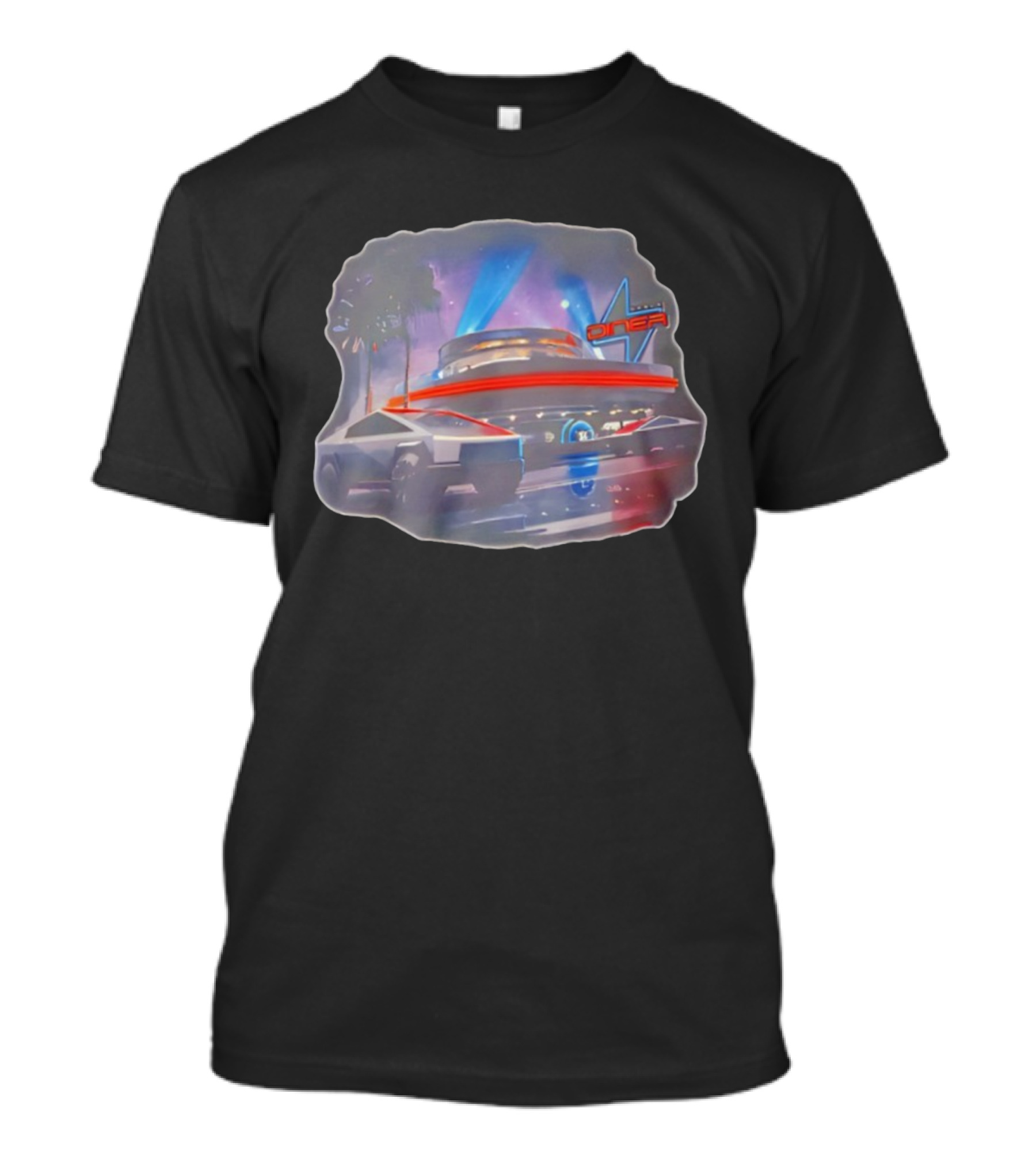 Tesla Cybertruck Hollywood Retro Diner Neon Night Scene T-Shirt
