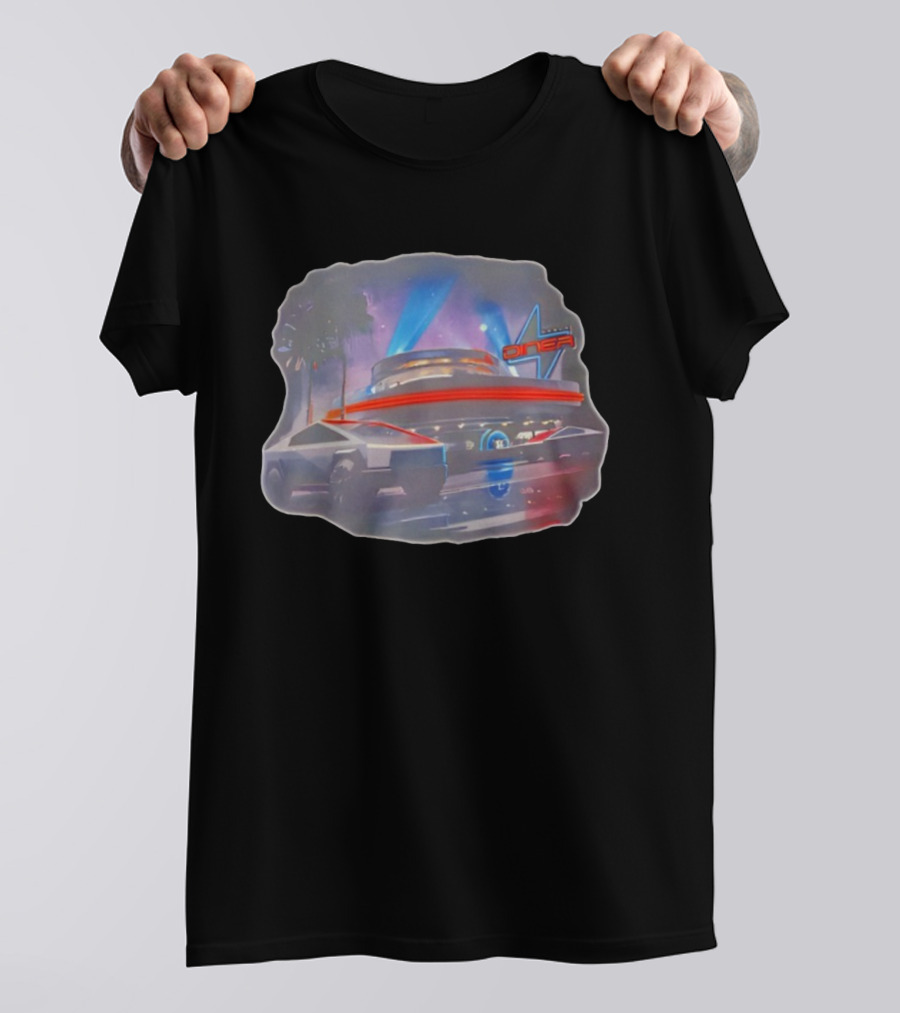 Tesla Cybertruck Hollywood Retro Diner Neon Night Scene T-Shirt