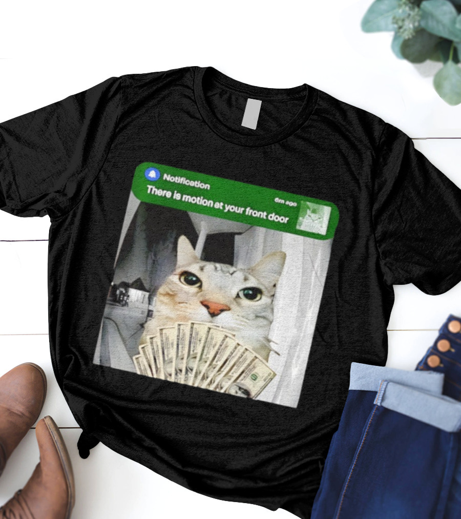 Notification Funny Cat Meme Motion At Your Front Door Money T-Shirt