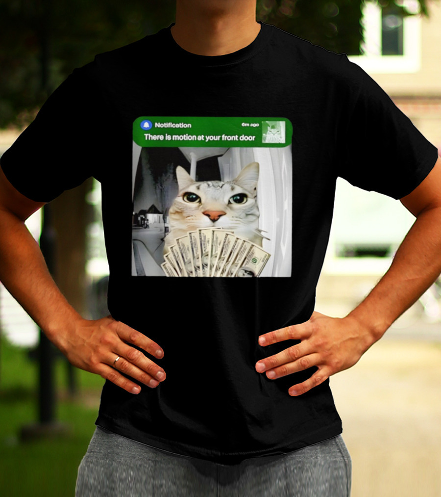 Notification Funny Cat Meme Motion At Your Front Door Money T-Shirt