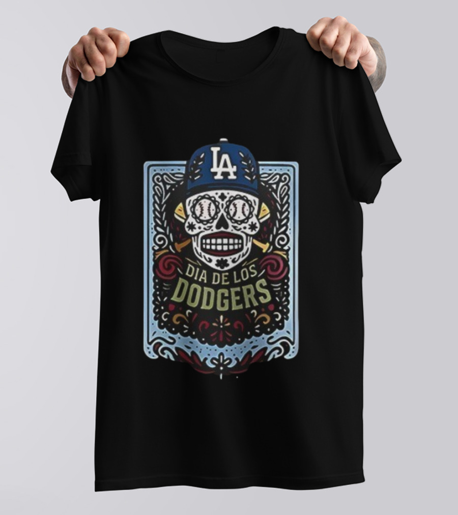 Dia De Los Dodgers LA Skull Baseball Icon T-Shirt