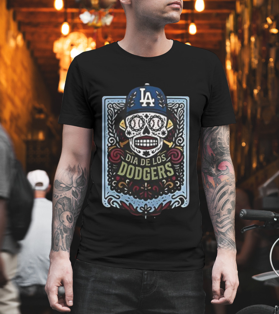 Dia De Los Dodgers LA Skull Baseball Icon T-Shirt