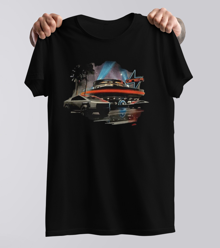 Tesla Cybertruck Diner Route 66 Hollywood Retro Nighttime Scene T-Shirt
