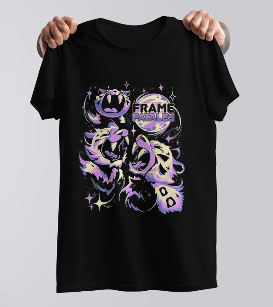 Three Faith Moon Frame Fatales Neon Pastel Feline Faces T-Shirt