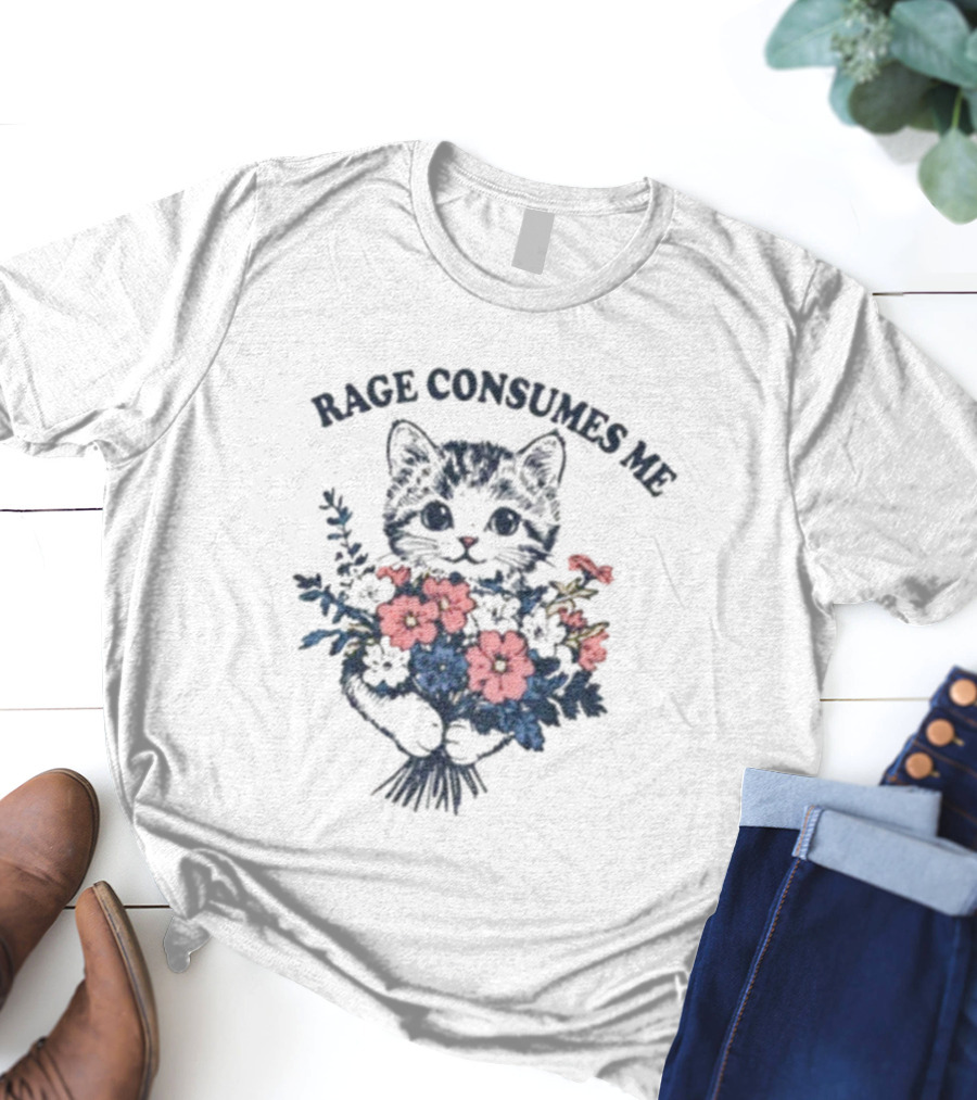 Rage Consumes Me Cat Holding Flower Vintage T-Shirt