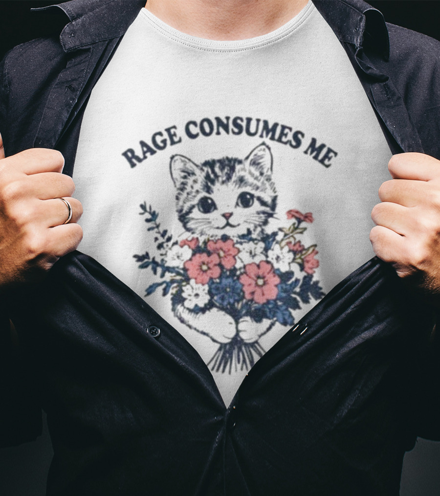 Rage Consumes Me Cat Holding Flower Vintage T-Shirt
