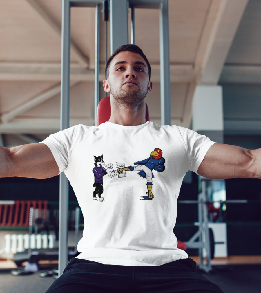 Kansas Jayhawk Mascot Kicking Wildcat We Own State T-Shirt