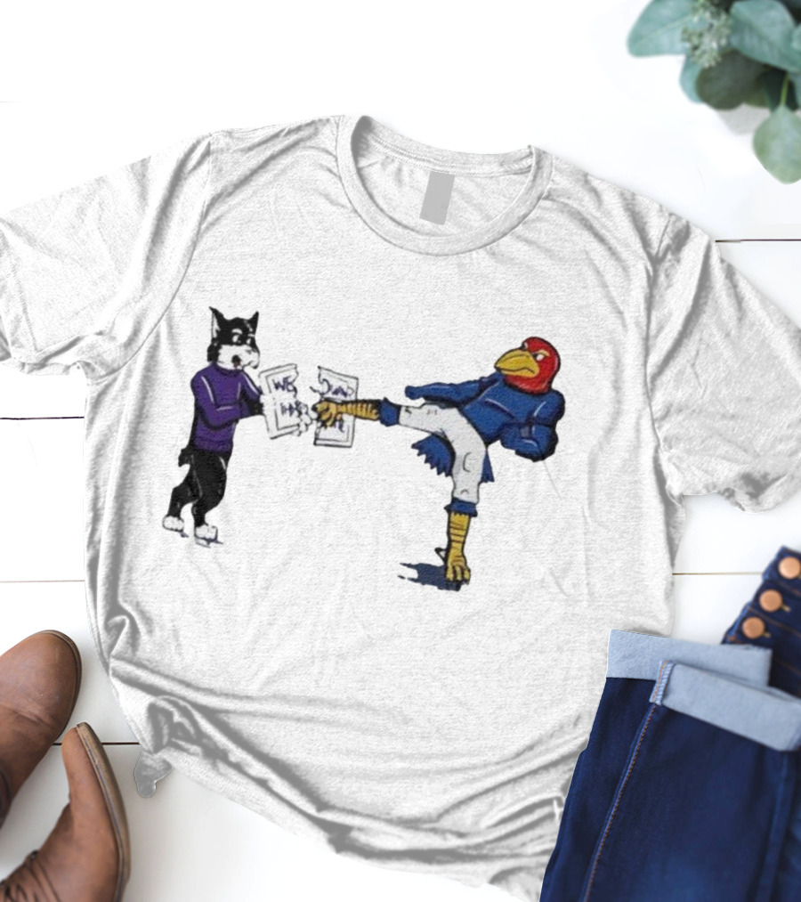 Kansas Jayhawk Mascot Kicking Wildcat We Own State T-Shirt