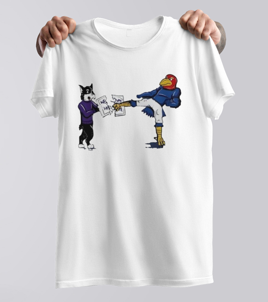 Kansas Jayhawk Mascot Kicking Wildcat We Own State T-Shirt