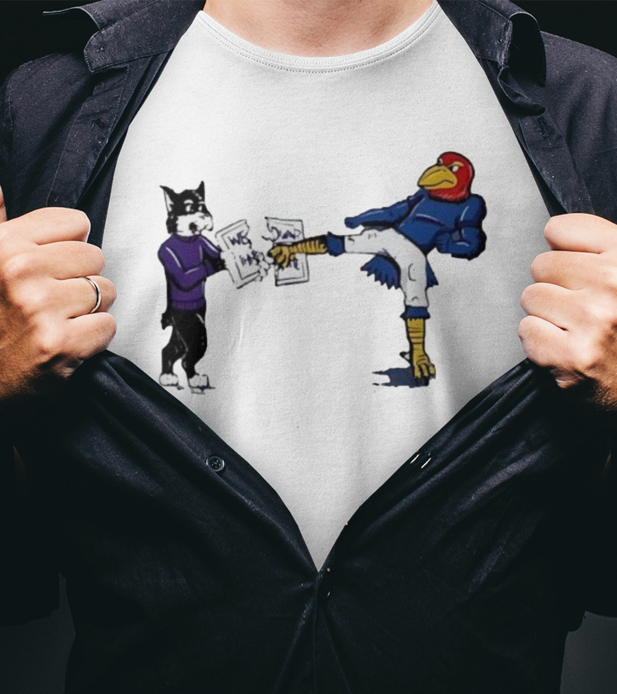 Kansas Jayhawk Mascot Kicking Wildcat We Own State T-Shirt