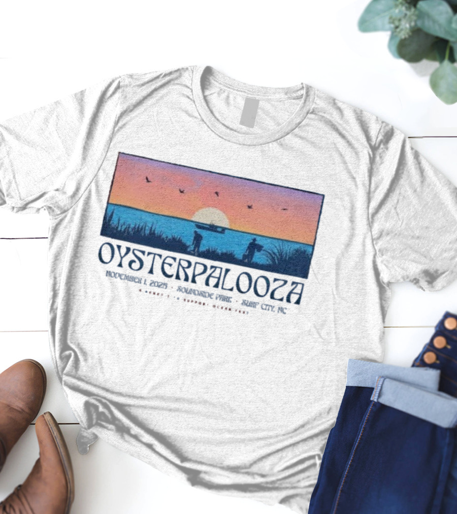Oysterpalooza Benefit Support Ocean Fest November 1 2025 Soundside Park Surf City NC Sunset Beach Scene T-Shirt