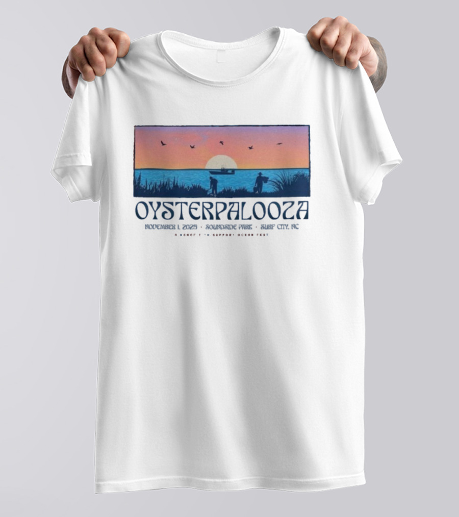 Oysterpalooza Benefit Support Ocean Fest November 1 2025 Soundside Park Surf City NC Sunset Beach Scene T-Shirt