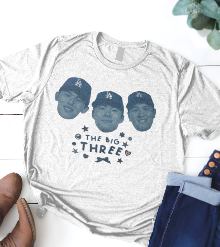 Rōki Sasaki Yoshinobu Yamamoto Shohei Ohtani The Big Three Los Angeles Dodgers 2025 Championship T-Shirt