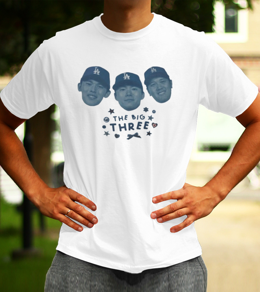 Rōki Sasaki Yoshinobu Yamamoto Shohei Ohtani The Big Three Los Angeles Dodgers 2025 Championship T-Shirt