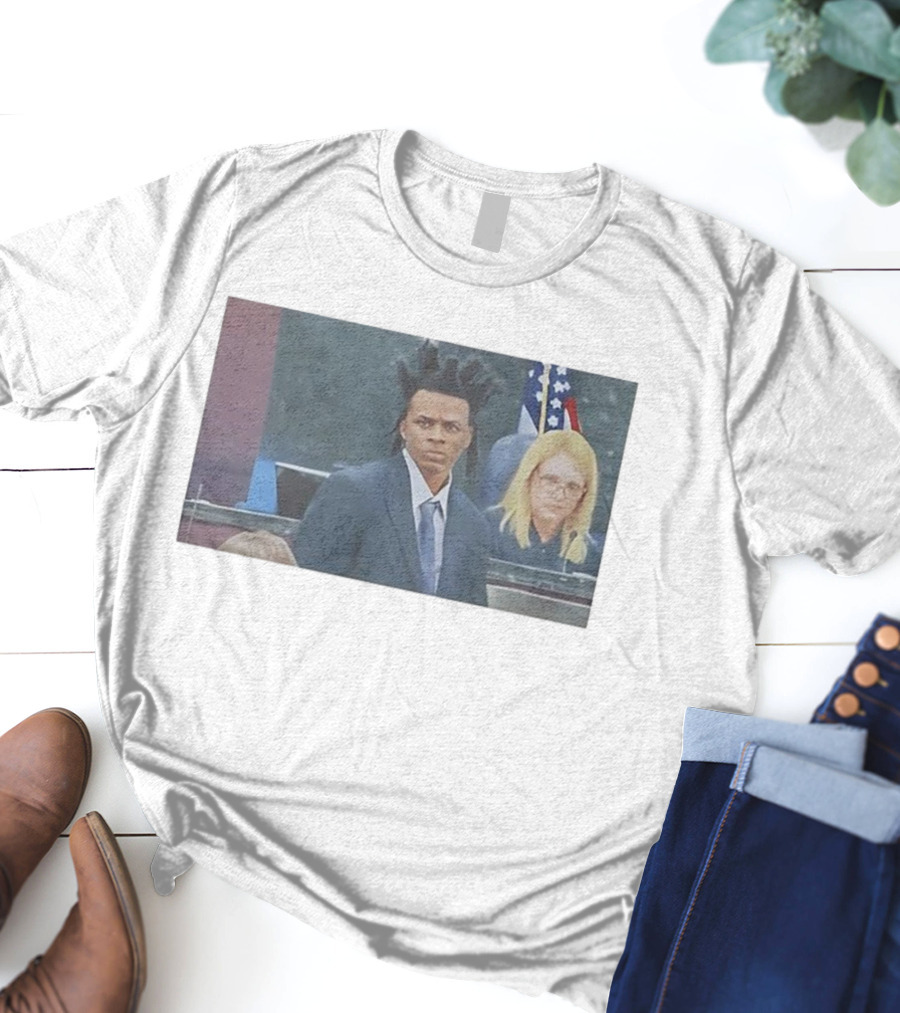 Ronnie Oneal Courtroom Scene With Unique Hairstyle And American Flags T-Shirt