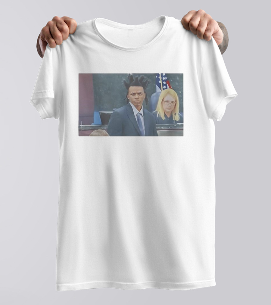 Ronnie Oneal Courtroom Scene With Unique Hairstyle And American Flags T-Shirt
