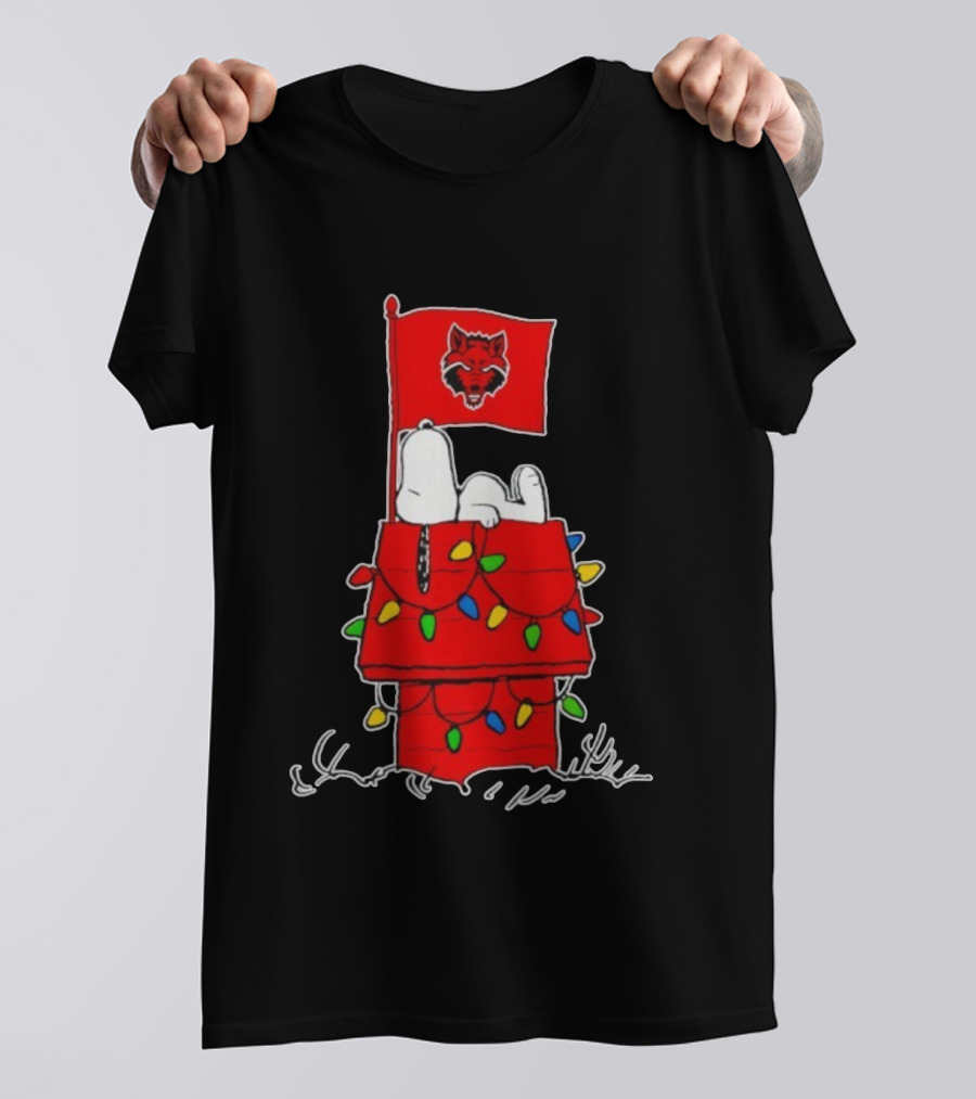 Arkansas State Red Wolves Snoopy Holiday Lights House Peanuts T-Shirt