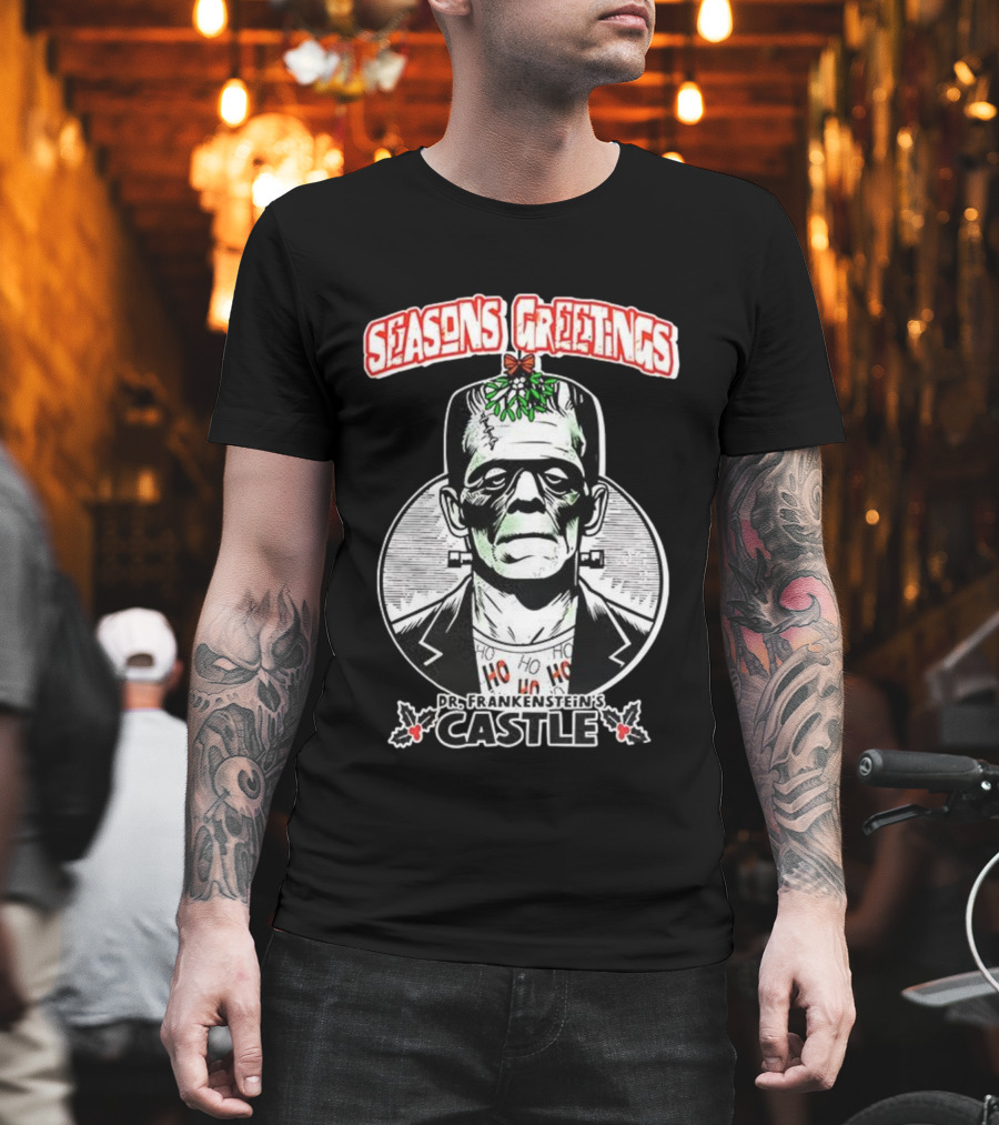 Seasons Greetings Dr. Frankenstein's Castle Christmas T-Shirt
