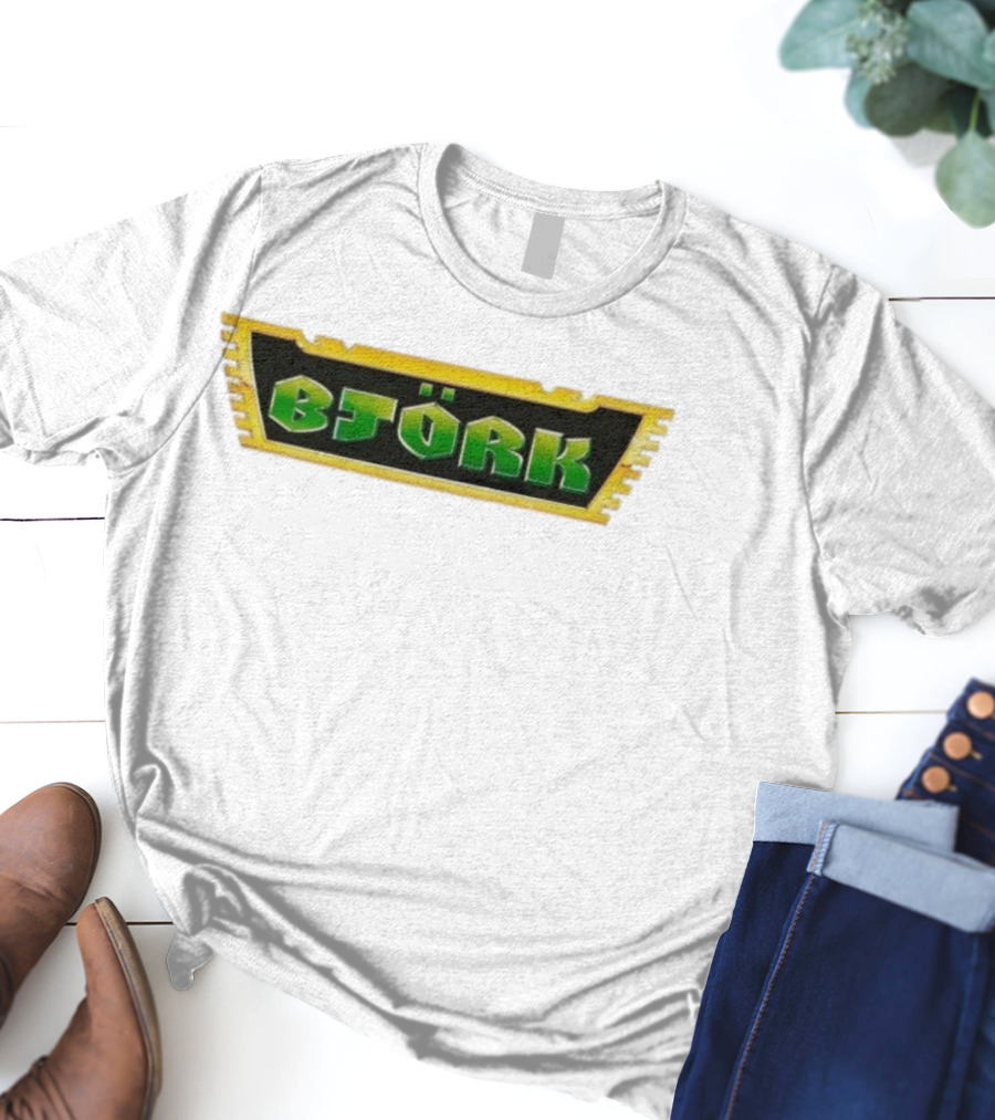 Björk Vintage Green Letters Yellow Border Retro Style T-Shirt