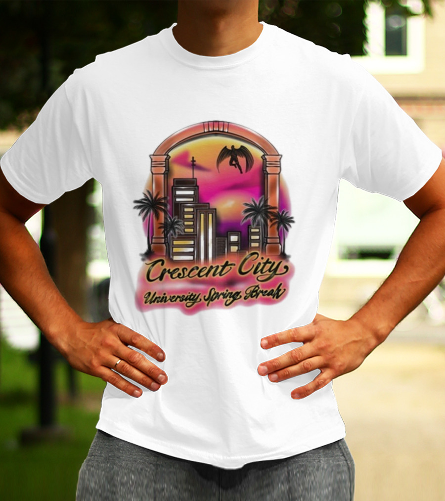 Crescent City University Spring Break Airbrush Tropical Sunset Skyscraper Archway Angel Wings T-Shirt