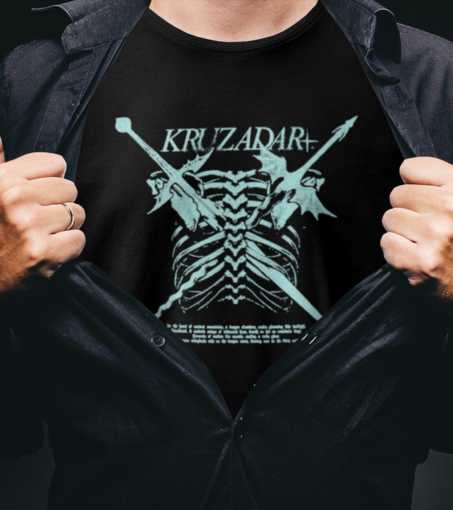 Kruzadar Dragonbone Crossed Swords And Dragon Wings Motif T-Shirt