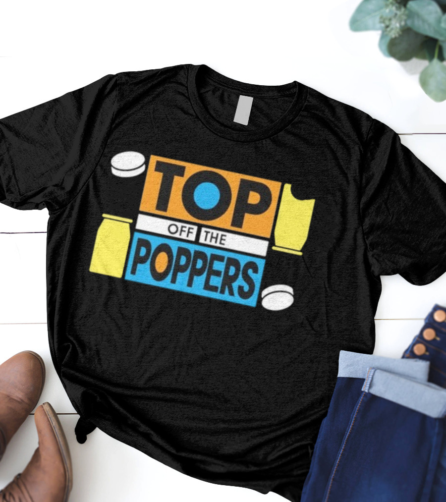 TOP OFF THE POPPERS Yellow And Blue Theme With White Pieces T-Shirt