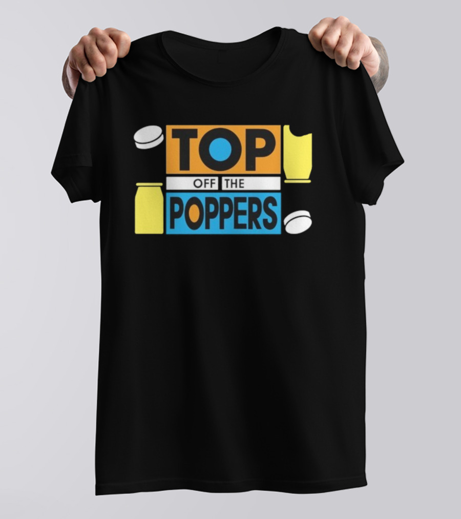 TOP OFF THE POPPERS Yellow And Blue Theme With White Pieces T-Shirt