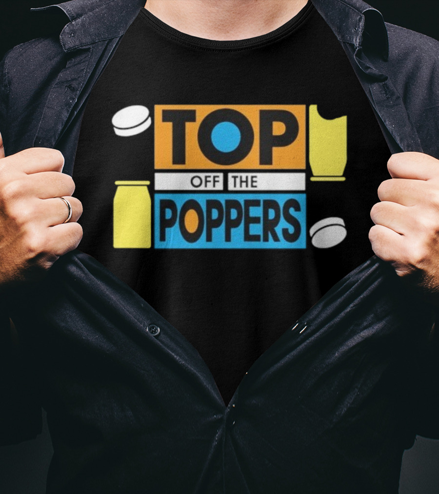 TOP OFF THE POPPERS Yellow And Blue Theme With White Pieces T-Shirt