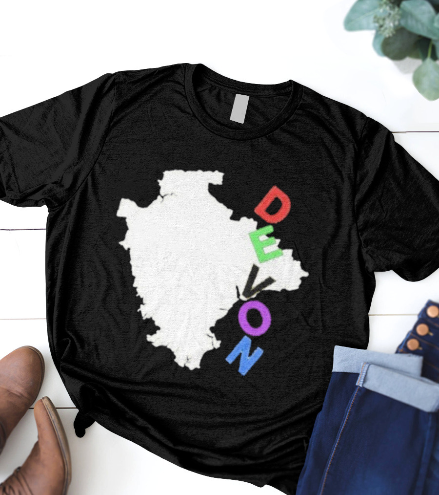 We Are Devon Island Map Outline With Colorful Vertical Text T-Shirt