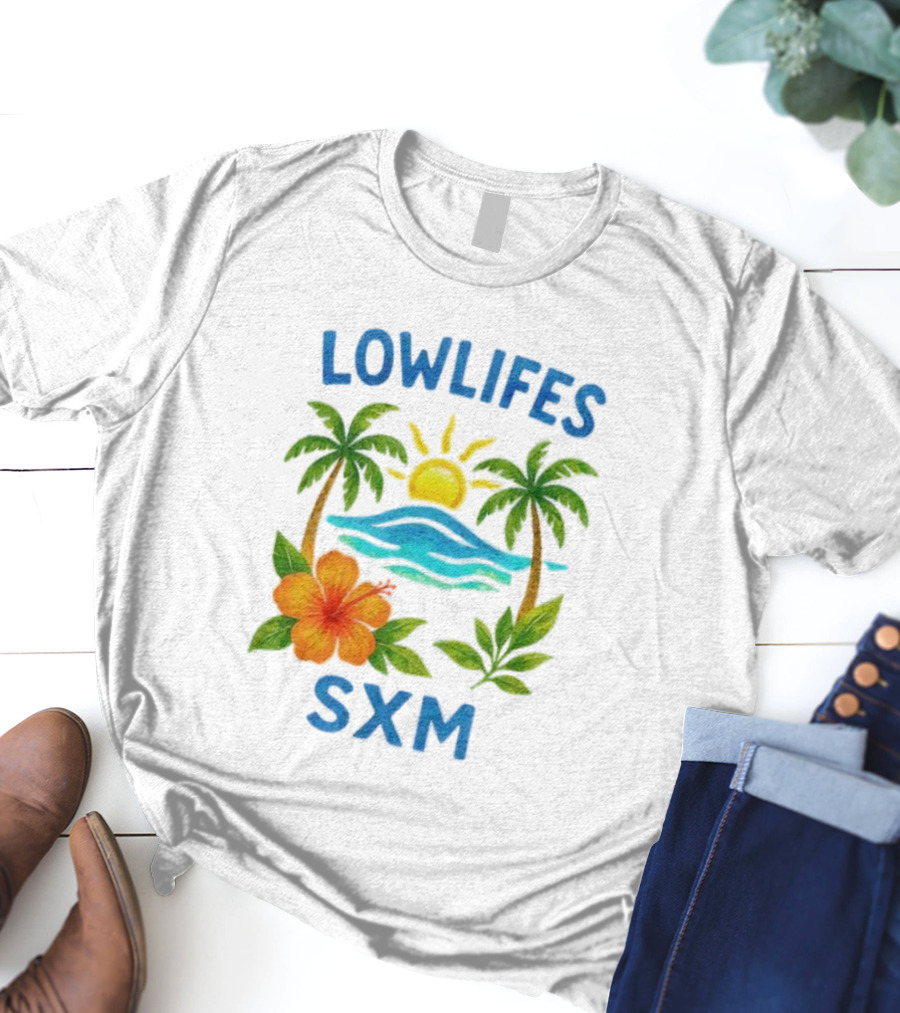 Lowlifes SXM Tropical Sunset 2025 Palms Hibiscus Ocean Sun T-Shirt
