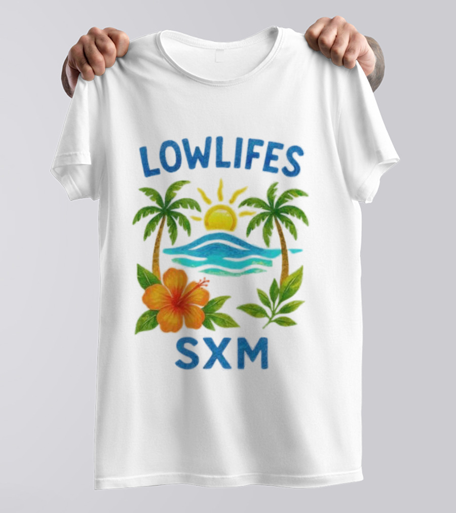 Lowlifes SXM Tropical Sunset 2025 Palms Hibiscus Ocean Sun T-Shirt