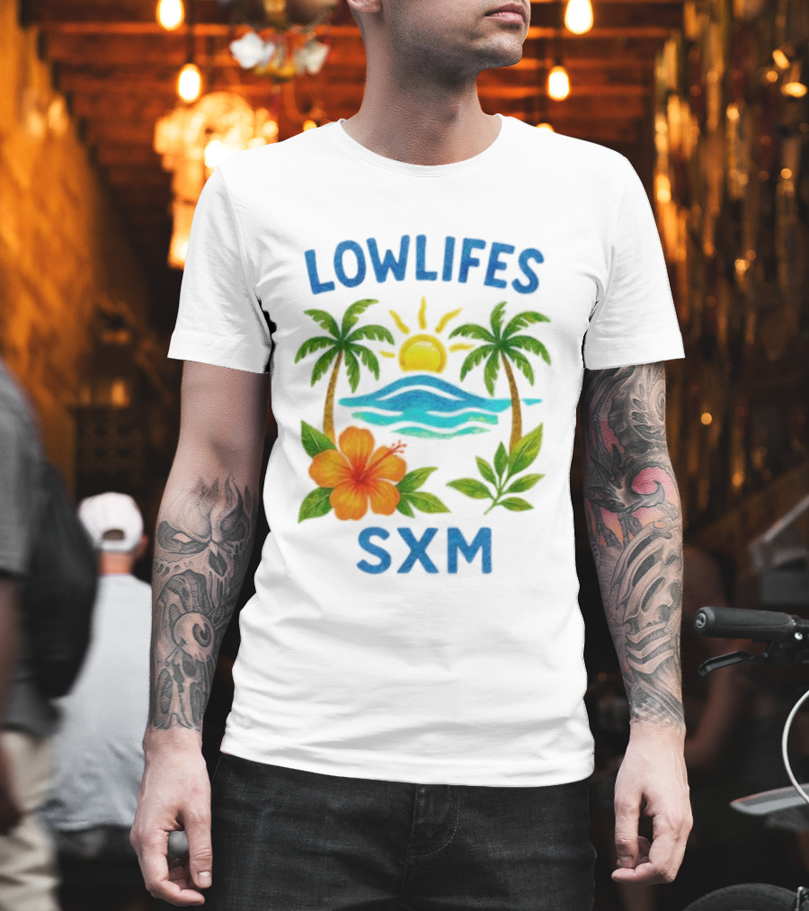 Lowlifes SXM Tropical Sunset 2025 Palms Hibiscus Ocean Sun T-Shirt