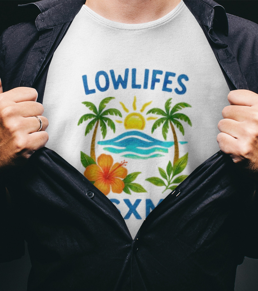 Lowlifes SXM Tropical Sunset 2025 Palms Hibiscus Ocean Sun T-Shirt