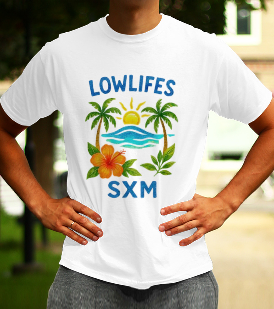 Lowlifes SXM Tropical Sunset 2025 Palms Hibiscus Ocean Sun T-Shirt