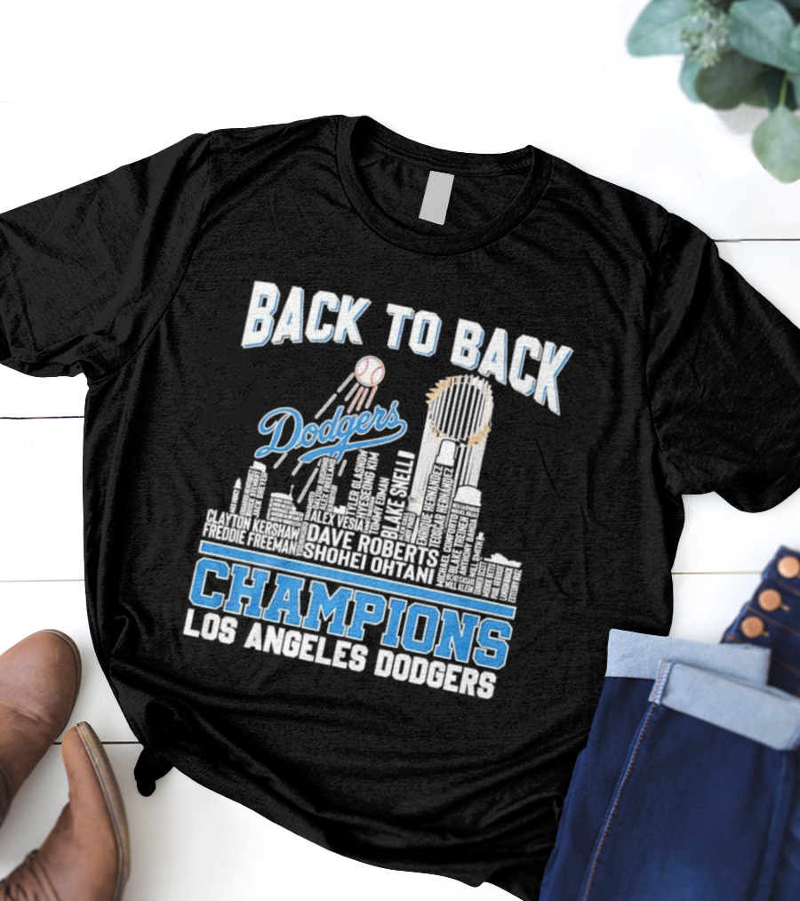 Back To Back Champions Dodgers Trophy Los Angeles Skyline T-Shirt