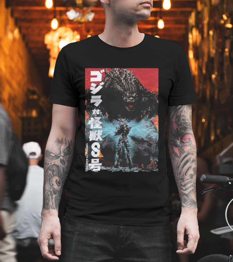 Godzilla Vs Kaiju No. 8 Japanese Text Battle Scene T-Shirt