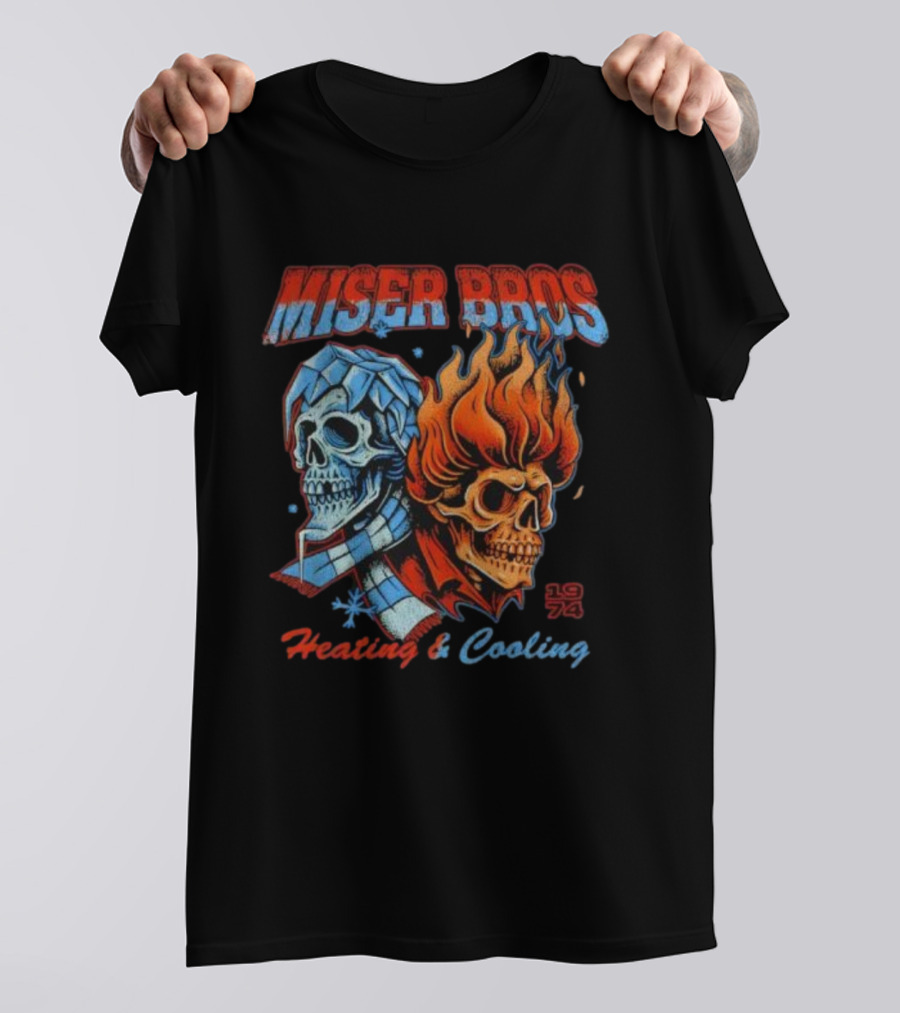 Miser Bros Heating And Cooling 1974 Skull Design T-Shirt