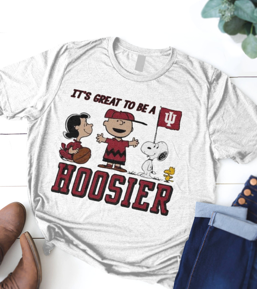 Peanuts Characters Indiana Hoosiers It's Great To Be A Hoosier Snoopy Woodstock Lucy Charlie Brown IU Flag T-Shirt